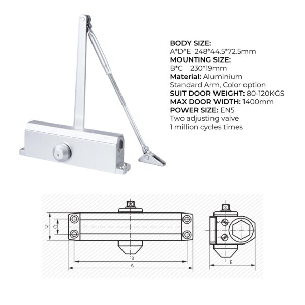 CIERRA PUERTA TS605 AÉREO PESO MÁXIMO 80/120 KG UL 3 HORAS